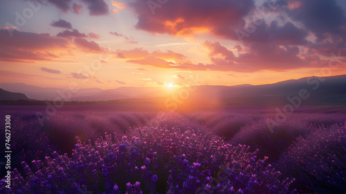 lavender field at sunset, Lavender flowers in a field during sunset