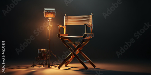 Empty Black Director's Chair on Film Set ,Back View in Dramatic Lighting , Symbolic Black Chair Illuminated by Cinematic Backlight ,