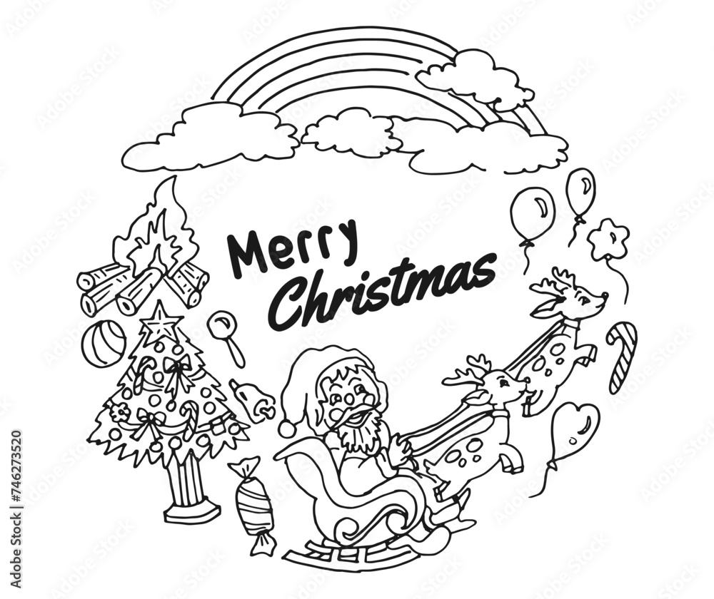 Merry christmas doodle hand drawn cartoon christmas theme. Black outlined doodle drawing vector illustrations