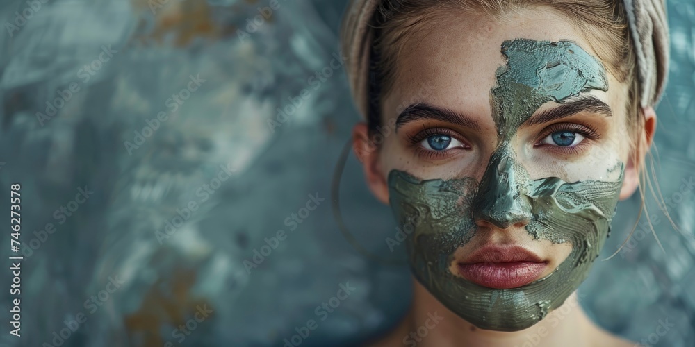 Stylish portrait of charming woman in luxury spa with clay face mask, professional photo