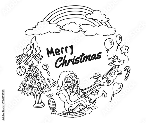 Merry christmas doodle hand drawn cartoon christmas theme. Black outlined doodle drawing vector illustrations