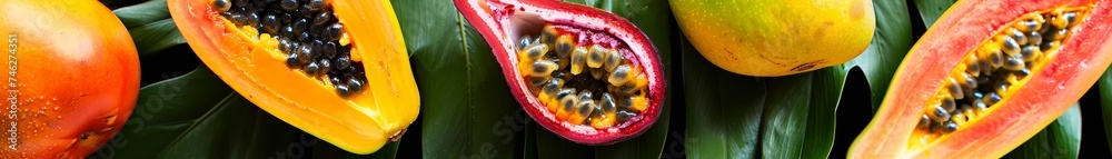 Exotic fruit platter Mango papaya passion fruit close up tropical vibe Exotic fruit platter Mango papaya passion fruit close up tropical vibe