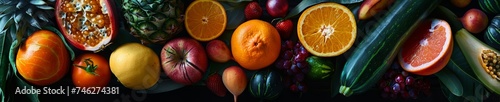 Exotic fruits and vegetables composition highlighting texture and shapes
