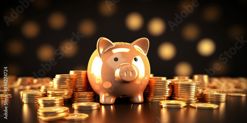 Piggy Bank on Coin Pile Illustration ,Yellow Piggy Bank and Money Tower Image ,Piggybank Symbolizing Saving and Investing