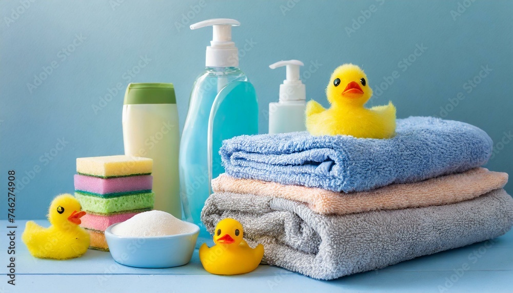 Baby cosmetic products, bath ducks, sponge and towels on light blue background. Space for text Baby cosmetic products, bath ducks, sponge and towels on light blue background. Space for text