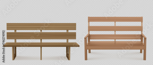 Wooden bench for park or backyard decoration. Realistic vector illustration set of front view on wood long seat made of planks. Empty garden or street chair. Light brown urban exterior furniture.