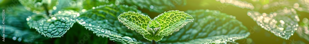 Fresh mint leaves close up vibrant green dew kissed against sunlight Fresh mint leaves close up vibrant green dew kissed against sunlight