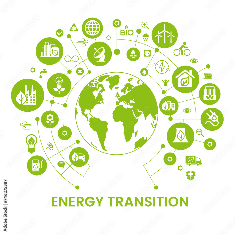 ENERGY TRANSITION. Transition to environmentally friendly world concept. Ecology infographic. Green power production. Transition to renewable alternative energy. ENERGY TRANSITION. Transition to environmentally friendly world concept. Ecology infographic. Green power production. Transition to renewable alternative energy.