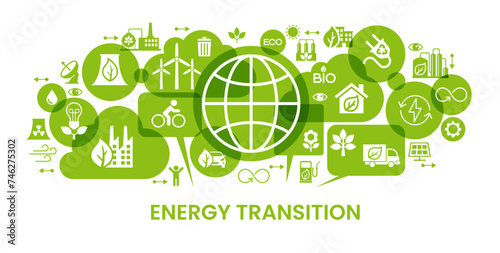 ENERGY TRANSITION. Transition to environmentally friendly world concept.  Ecology infographic. Green power production. Transition to renewable alternative energy.
