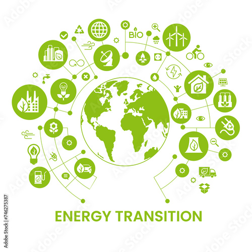 ENERGY TRANSITION. Transition to environmentally friendly world concept.  Ecology infographic. Green power production. Transition to renewable alternative energy.