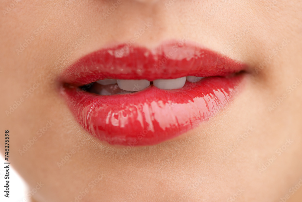 Person, red lipstick and closeup of mouth with makeup for cosmetics, gloss or glow in treatment. Colorful lips of woman or model with bite in satisfaction for mouth, oral or beauty in cosmetology Person, red lipstick and closeup of mouth with makeup for cosmetics, gloss or glow in treatment. Colorful lips of woman or model with bite in satisfaction for mouth, oral or beauty in cosmetology
