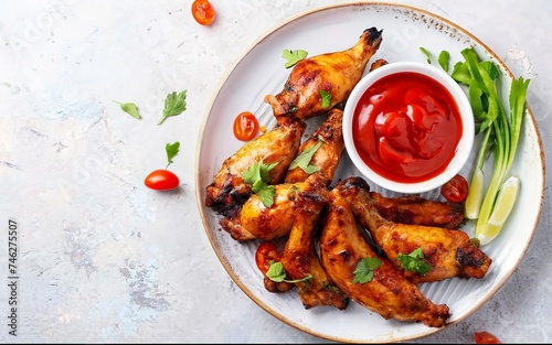 Baked chicken wings in the Asian style and tomatoes sauce on plate