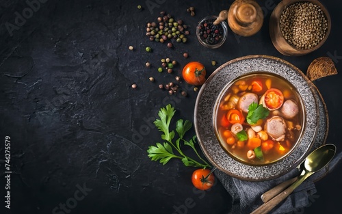 Barley soup with carrots, tomato, celery and meat on a dark background