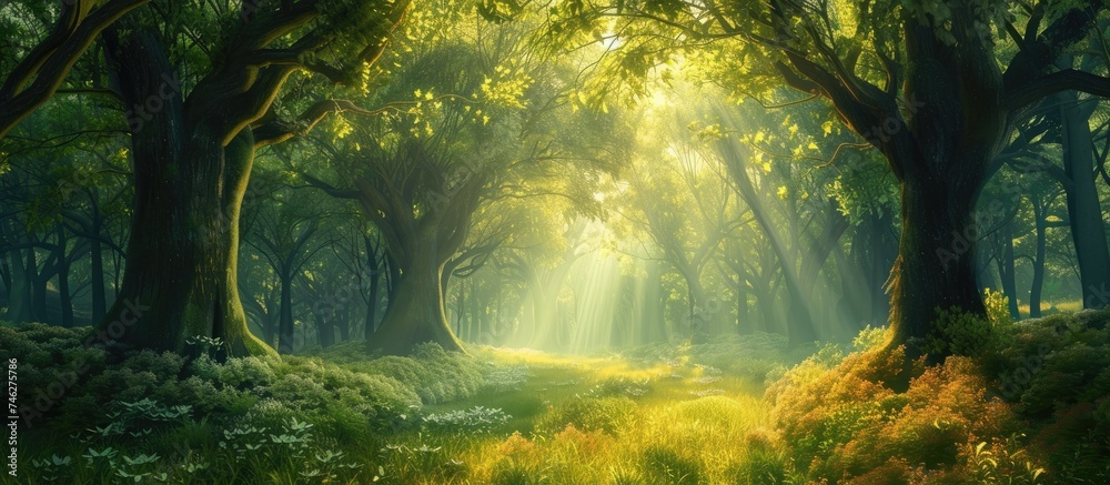 This enchanting painting captures the serenity of a green forest as sunlight streams through the majestic trees, creating a breathtaking image of natures gorgeous creation.