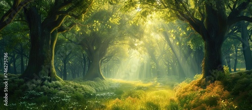 This enchanting painting captures the serenity of a green forest as sunlight streams through the majestic trees, creating a breathtaking image of natures gorgeous creation.