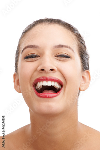 Happy woman, portrait and laughing with red lipstick for beauty, makeup or cosmetics on a white studio background. Face of female person or young model in satisfaction for lip gloss, glow or shine © peopleimages.com
