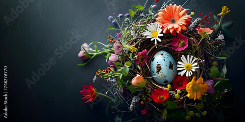A cute small nest with colorful flowers on dark background for Easter concept   
 