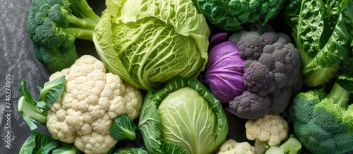 A photograph showcasing a pile of various types of cauliflower and broccoli, alongside a backdrop of assorted cabbages.