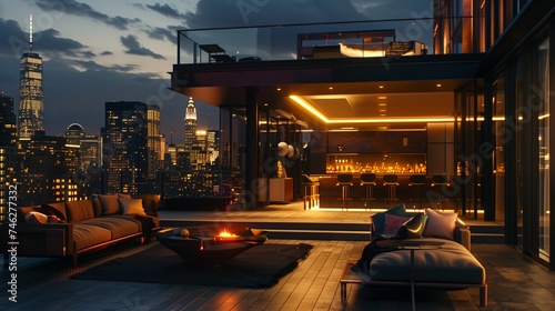 A modern rooftop lounge with sleek, contemporary furniture, a sleek bar, and panoramic views of the city skyline illuminated against the night sky.
