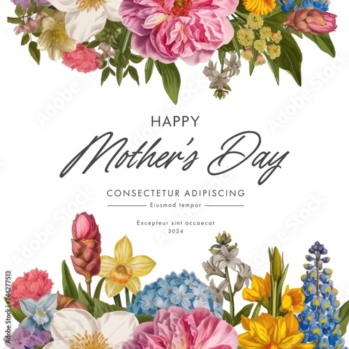 Vector watercolor banner with beautiful flowers framed for mother's day. Feliz dia de la madre