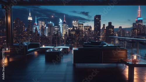 A modern rooftop lounge with sleek  contemporary furniture  a sleek bar  and panoramic views of the city skyline illuminated against the night sky.