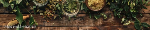 Herbal ingredients and spices with a focus on green living and wellness photo