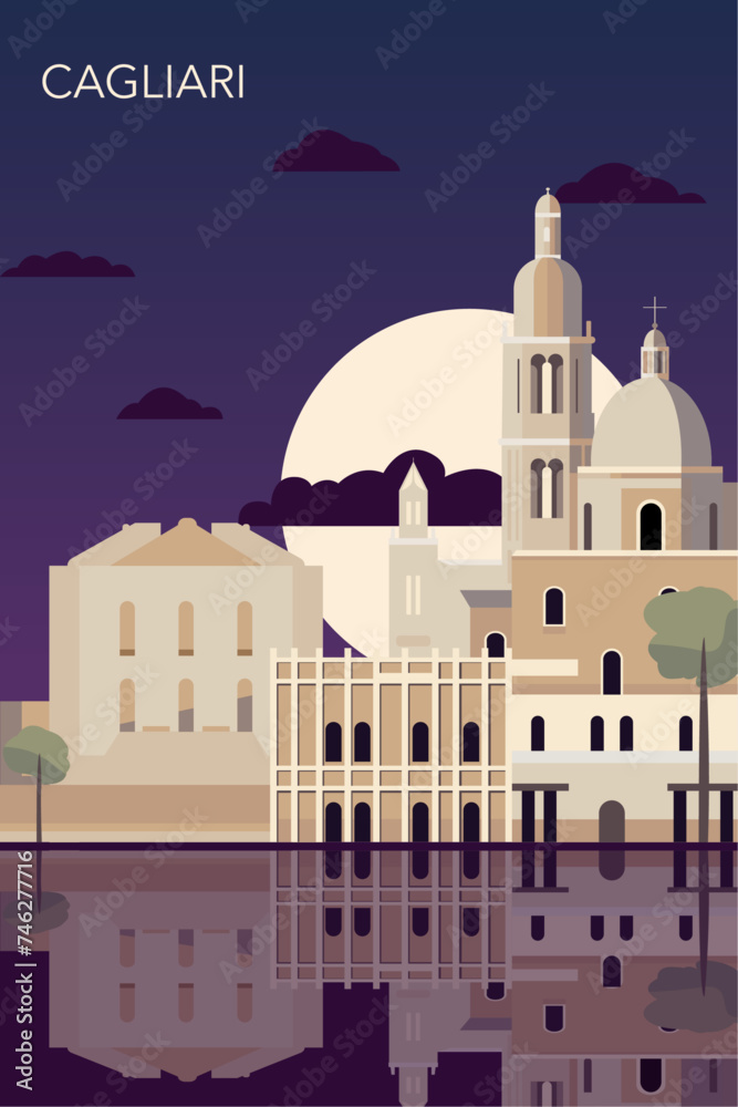 Cagliari retro city poster with abstract shapes of skyline, buildings at night. Vintage Italy, Sardinia town travel vector illustration	
