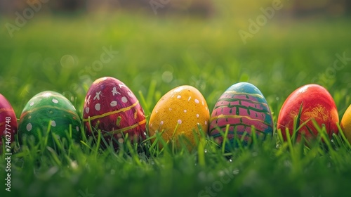 Colorful Painted Eggs In Row On Grass
