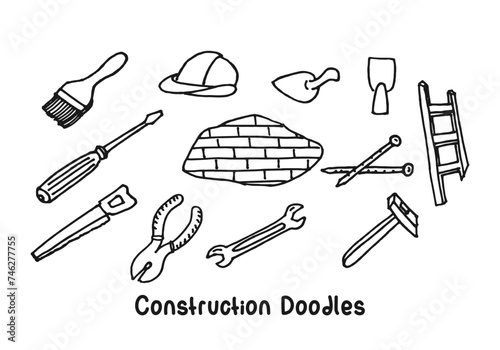 Construction and building doodles vector. Hand drawn construction tool icons.