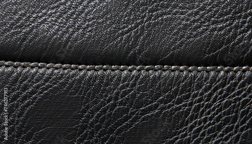 Texture black leather with stitching close-up macro photo background, fabric