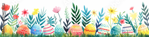 Easter basket with eggs and bunny decorated with flowers. Happy easter