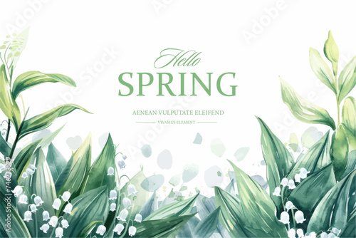 Vector watercolor banner with beautiful flowers framed for spring celebration. lilies of the valley