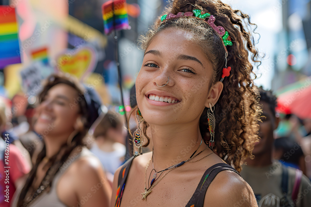 A young woman's beaming smile radiates confidence and happiness during a vibrant pride parade. A young woman's beaming smile radiates confidence and happiness during a vibrant pride parade.