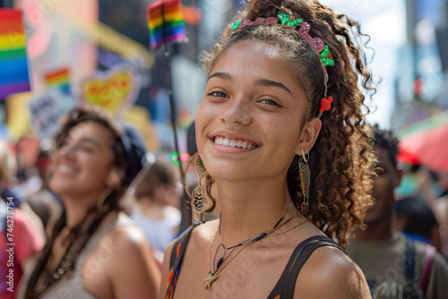 A young woman's beaming smile radiates confidence and happiness during a vibrant pride parade. 