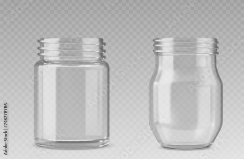 3D set of glass jars isolated on gray background. Vector realistic illustration of empty transparent containers for preserved food, kitchen storage canister, jam or pickle canning, kitchenware mockup