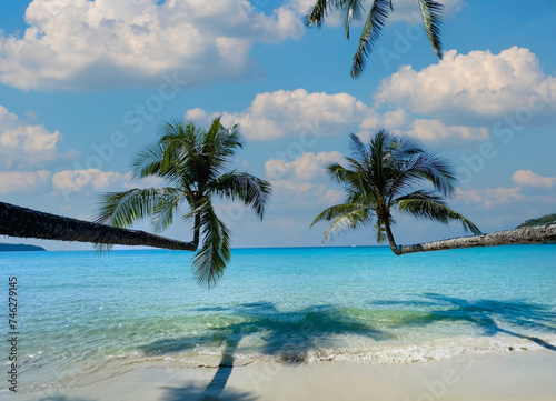 Fototapeta Naklejka Na Ścianę i Meble -  Summer palm tree and Tropical beach with blue of seashore background