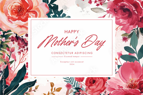 Vector watercolor banner with beautiful flowers framed for mother's day. Feliz dia de la madre