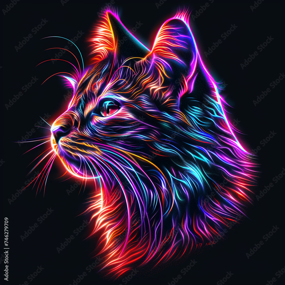 Cat. Bright neon sticker on a black background