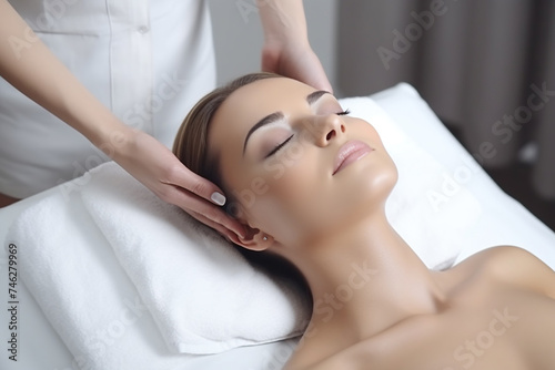 Young woman enjoying massage in spa salon © Daria