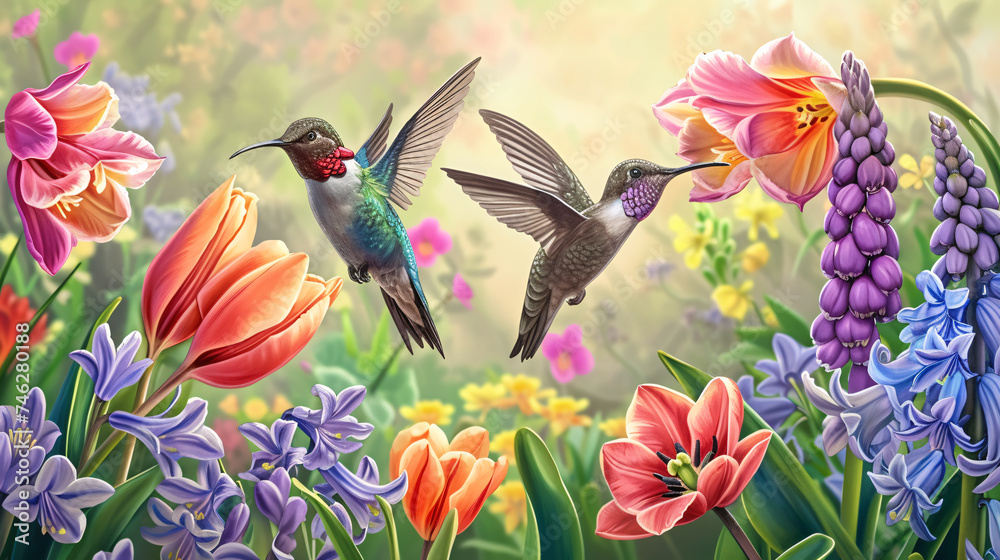 Digital art of hummingbirds in mid-flight, surrounded by an array of vibrant spring flowers, creating a lively and enchanting scene.