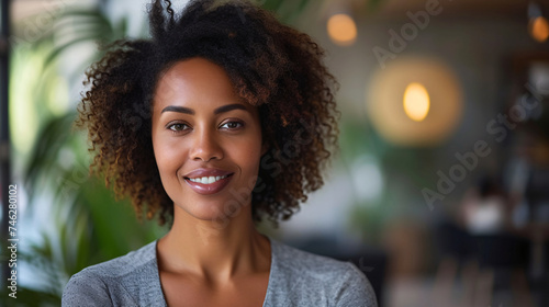 Portrait of a smiling young woman with natural curly hair, exuding confidence and elegance in a casual indoor setting.