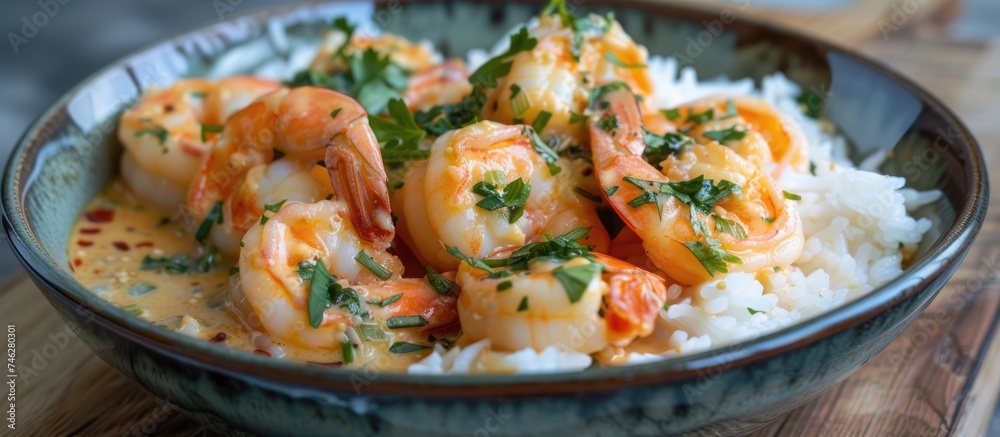 A bowl filled with shrimp and rice sits atop a wooden table. The succulent shrimp is cooked in deliciously creamy coconut milk, offering an ultimate culinary experience.