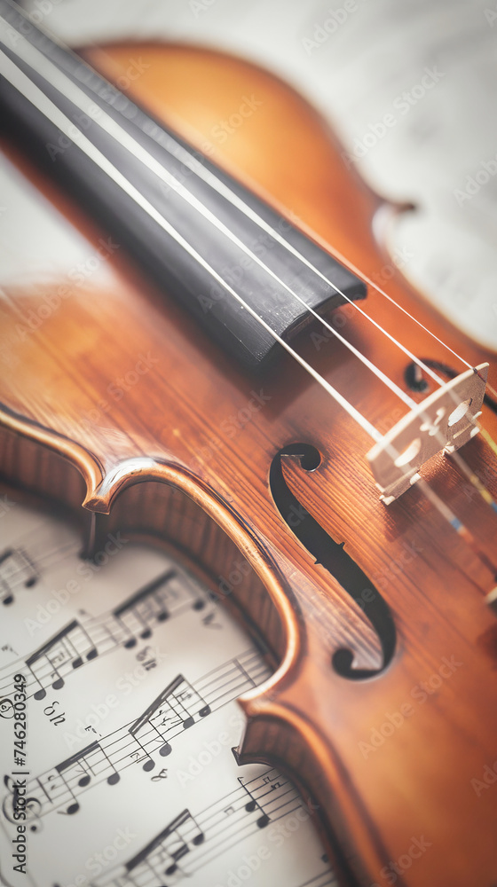 Fototapeta premium Closeup of a violin over music sheets. Classical music concept.