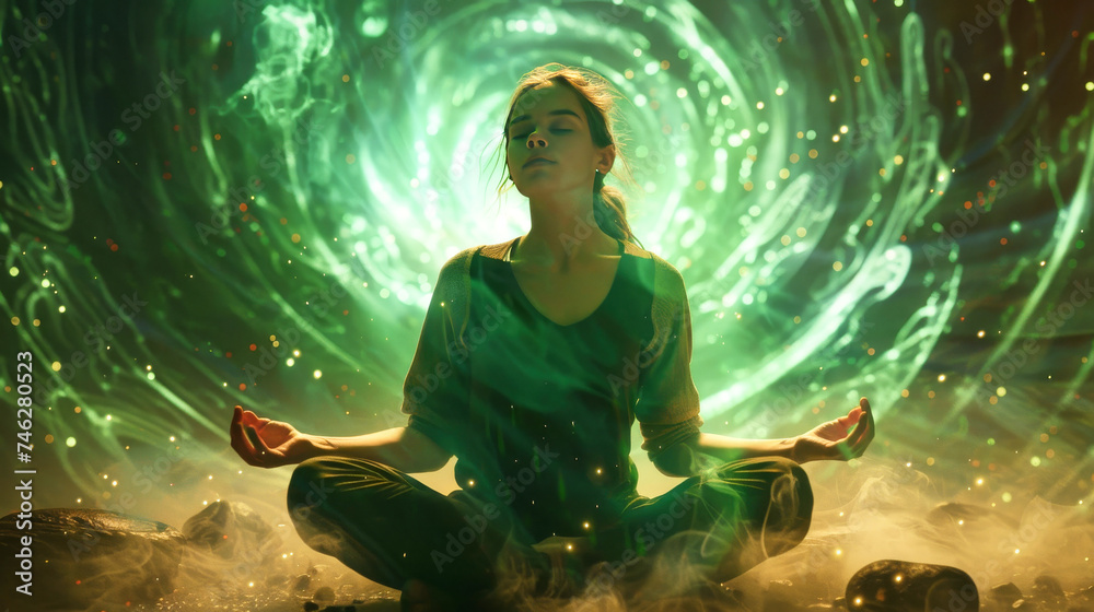 Young woman practicing meditation. Transcendent and spirituality concept. Young woman practicing meditation. Transcendent and spirituality concept.