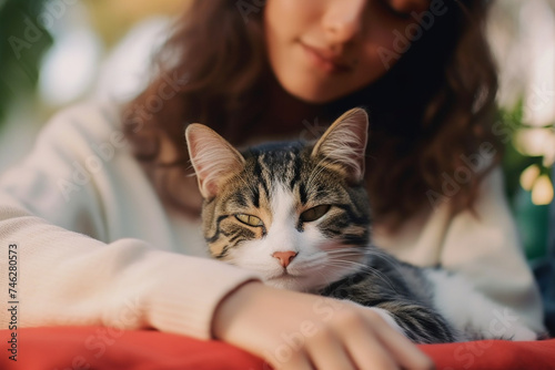 Close-up photo of young woman using laptop and stroking her cat while her cat taking nap next to her in backyard at home