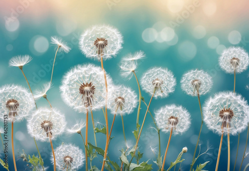 White fluffy airy dandelions, blurred spring background, selective focus. nature illustration