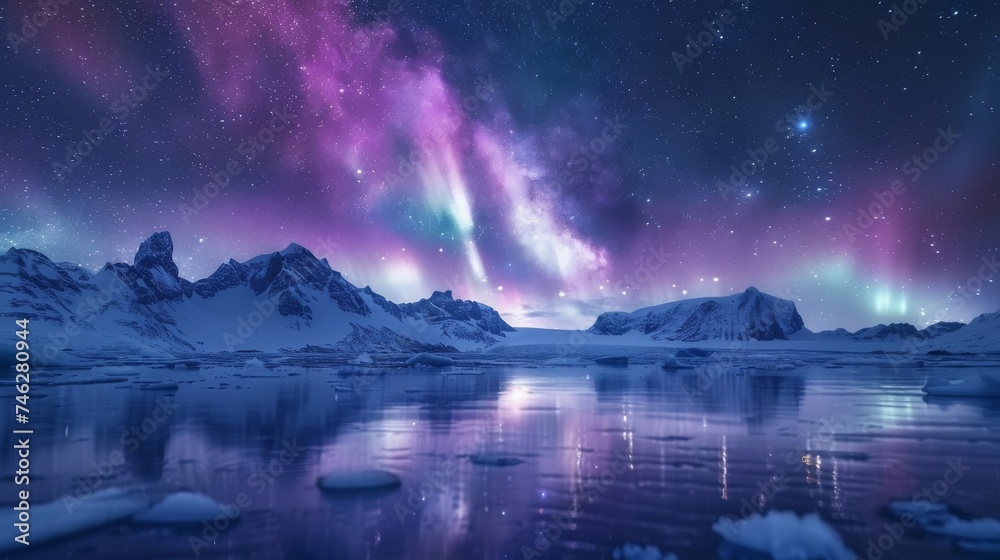 The aurora borealis dances in the night sky above a frozen landscape, reflecting on icy waters against a backdrop of snow-covered mountains.