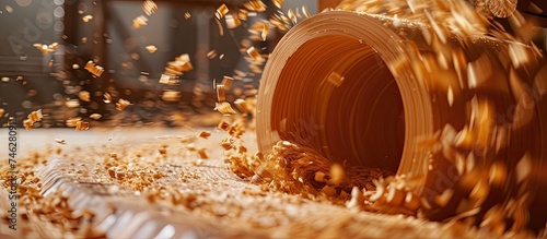 A close-up view of a craftsman cutting a piece of wood in a sawmill, creating a work of art with whirling wood chips flying around.