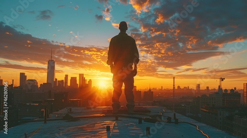 A contemplative silhouette of a man stands on a rooftop overlooking an expansive cityscape bathed in the warm glow of sunset.