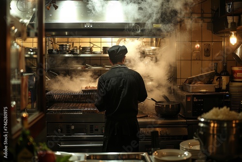 An attentive chef is cooking in a steam-filled kitchen environment, focusing on the grill with a backdrop of bustling kitchen activity.